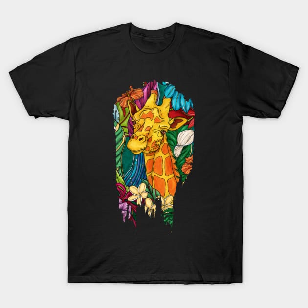 Colorful giraffe with tropical flowers T-Shirt by NadiaChevrel